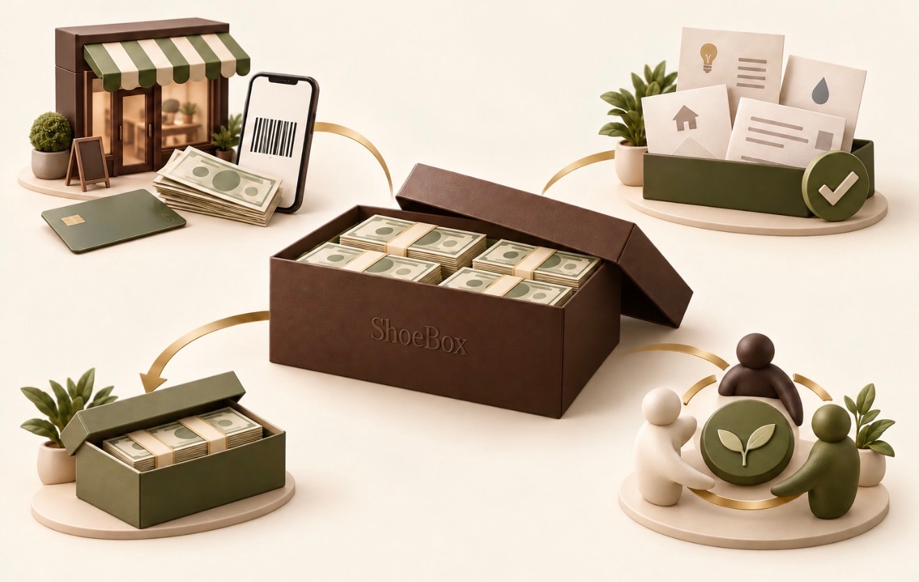 ShoeBox feature illustration showing cash and existing-card loading, bill payment, transfers to another ShoeBox and Consumer Pardner participation.